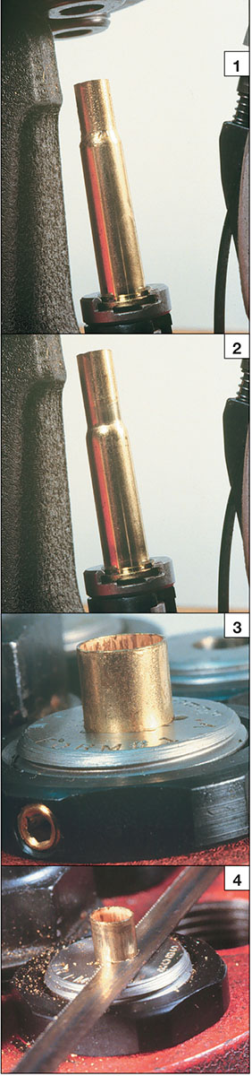 (1) The Wasp case is formed from standard 30 WCF brass. (2) The second form die moves the shoulder back farther. (3) The trim die is used to cut the case to the proper length. (4) A hacksaw is used to cut cases to length, followed by dressing with  a file.